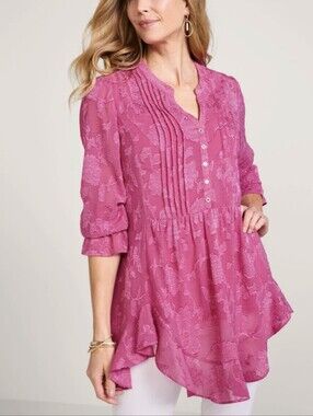 Soft Surroundings Pink Jacquard Sheer Ruffle Tunic Size XL